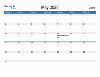 Current month calendar with Liberia holidays for May 2026