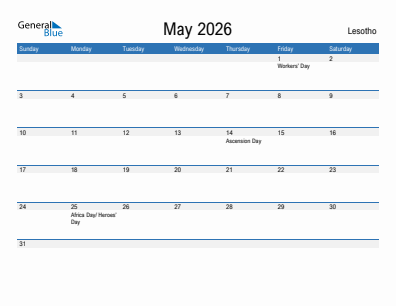 Current month calendar with Lesotho holidays for May 2026