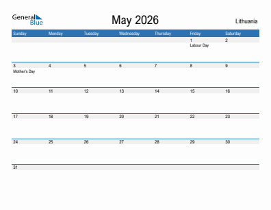 Current month calendar with Lithuania holidays for May 2026