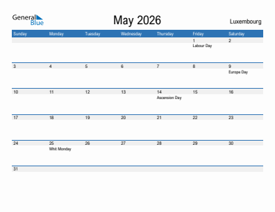 Current month calendar with Luxembourg holidays for May 2026