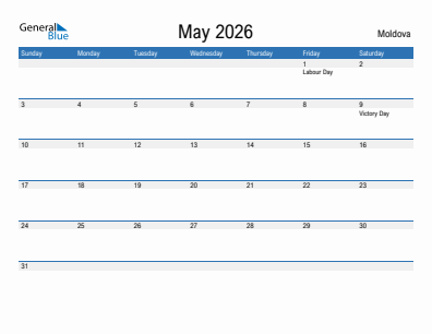 Current month calendar with Moldova holidays for May 2026