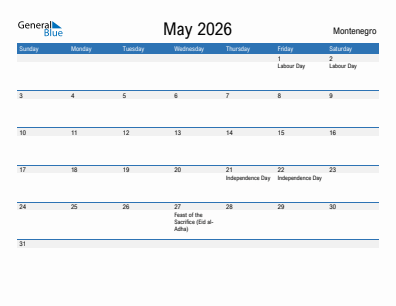 Current month calendar with Montenegro holidays for May 2026