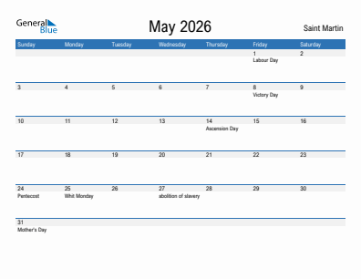 Current month calendar with Saint Martin holidays for May 2026