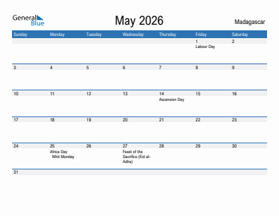 Current month calendar with Madagascar holidays for May 2026