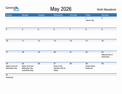 Current month calendar with North Macedonia holidays for May 2026