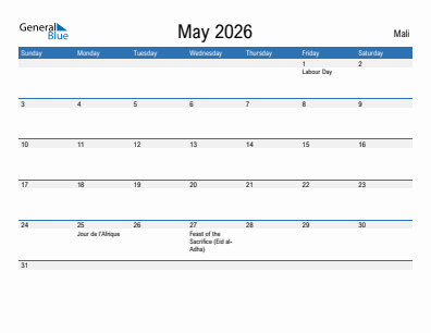 Current month calendar with Mali holidays for May 2026