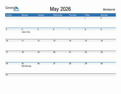 Current month calendar with Montserrat holidays for May 2026