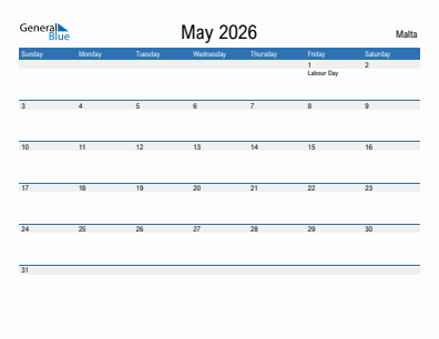 Current month calendar with Malta holidays for May 2026