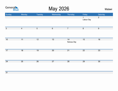 Current month calendar with Malawi holidays for May 2026
