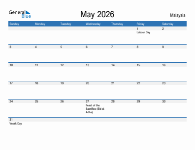 Current month calendar with Malaysia holidays for May 2026
