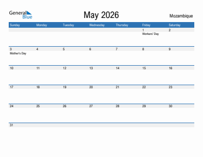 Current month calendar with Mozambique holidays for May 2026