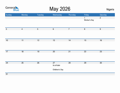 Current month calendar with Nigeria holidays for May 2026