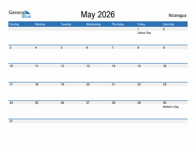 Current month calendar with Nicaragua holidays for May 2026