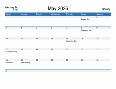 Current month calendar with Norway holidays for May 2026