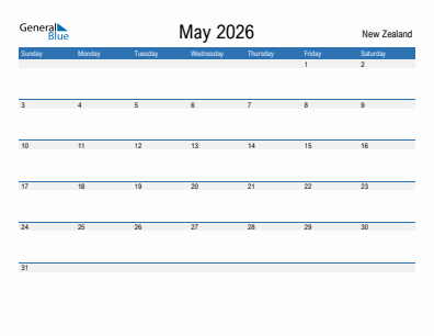 Current month calendar with New Zealand holidays for May 2026