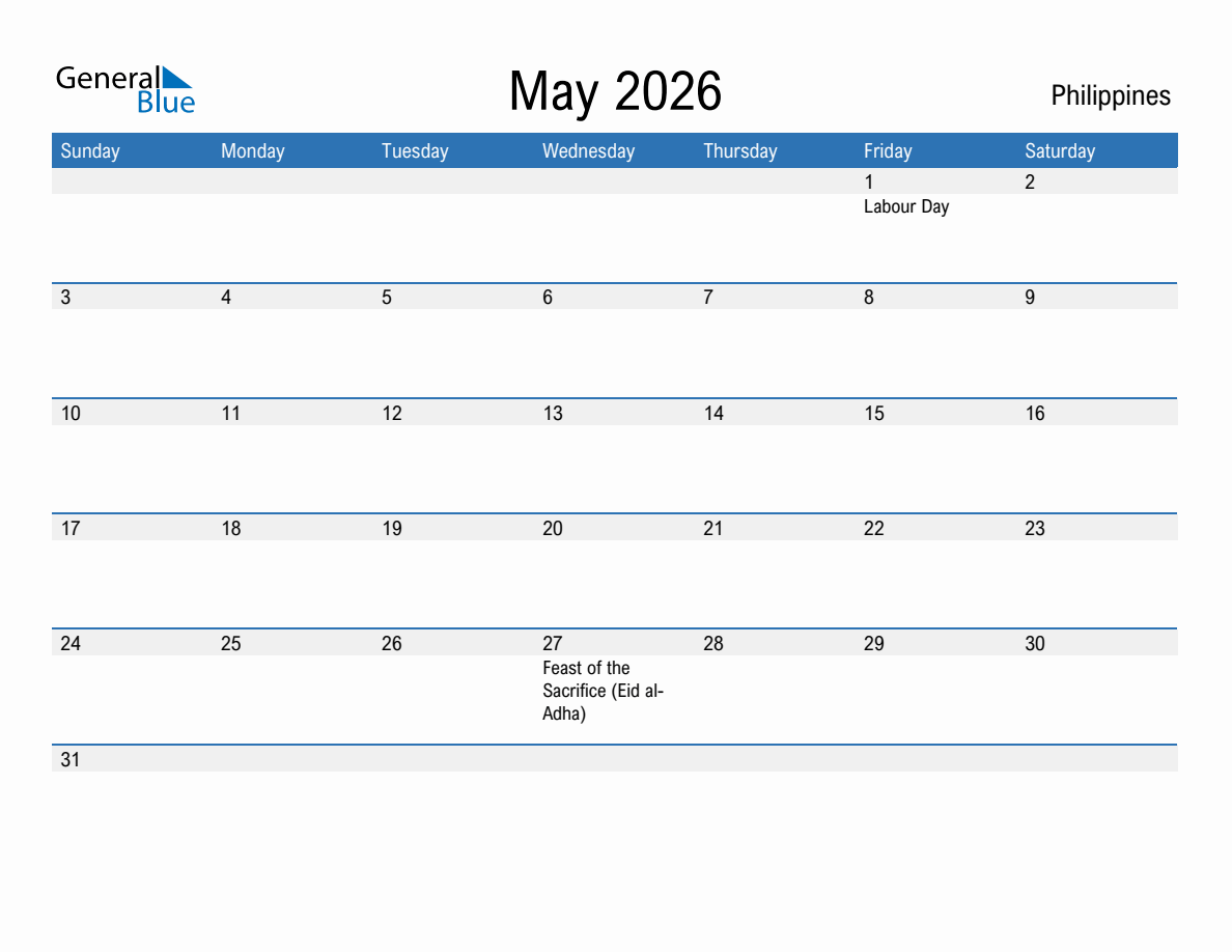 May 2026 Monthly Calendar with Philippines Holidays