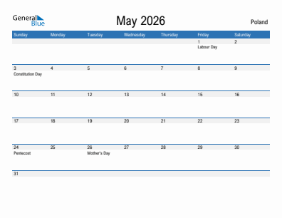Current month calendar with Poland holidays for May 2026