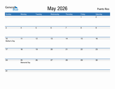 Current month calendar with Puerto Rico holidays for May 2026