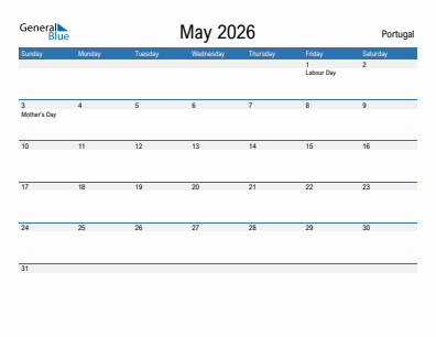 Current month calendar with Portugal holidays for May 2026