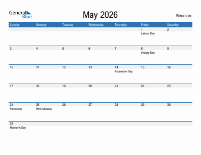 Current month calendar with Reunion holidays for May 2026