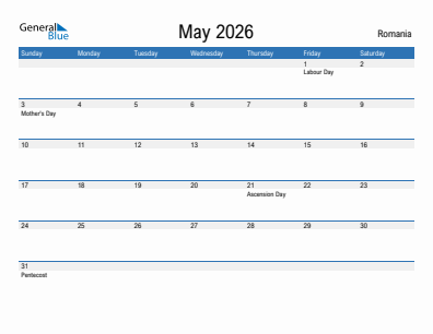 Current month calendar with Romania holidays for May 2026