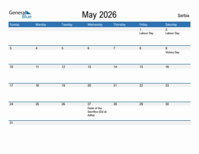 Current month calendar with Serbia holidays for May 2026