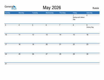 Current month calendar with Russia holidays for May 2026