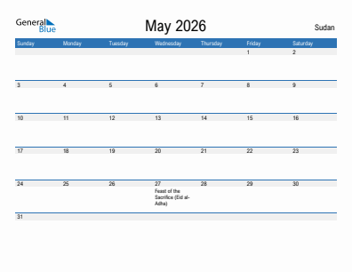 Current month calendar with Sudan holidays for May 2026