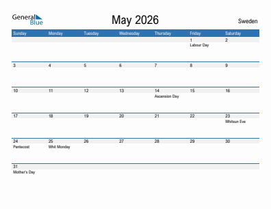 Current month calendar with Sweden holidays for May 2026