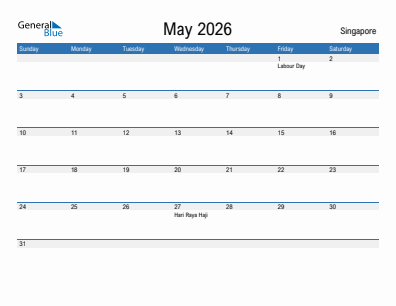 Current month calendar with Singapore holidays for May 2026