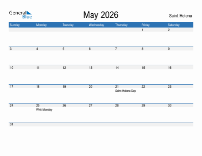 Current month calendar with Saint Helena holidays for May 2026
