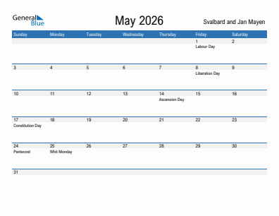 Current month calendar with Svalbard and Jan Mayen holidays for May 2026