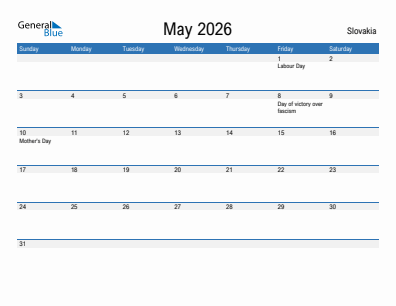 Current month calendar with Slovakia holidays for May 2026