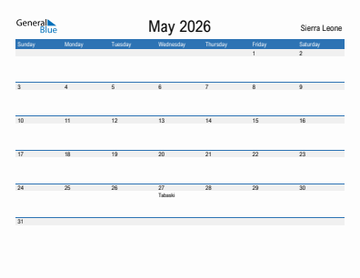 Current month calendar with Sierra Leone holidays for May 2026
