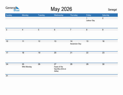 Current month calendar with Senegal holidays for May 2026