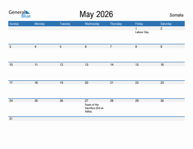 Current month calendar with Somalia holidays for May 2026