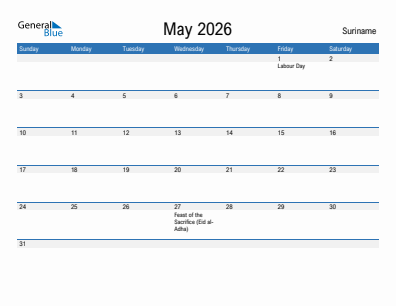 Current month calendar with Suriname holidays for May 2026