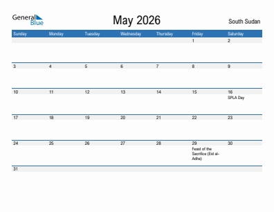 Current month calendar with South Sudan holidays for May 2026