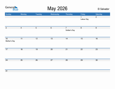 Current month calendar with El Salvador holidays for May 2026
