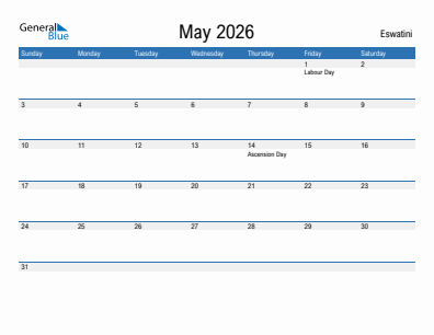Current month calendar with Eswatini holidays for May 2026