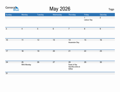 Current month calendar with Togo holidays for May 2026