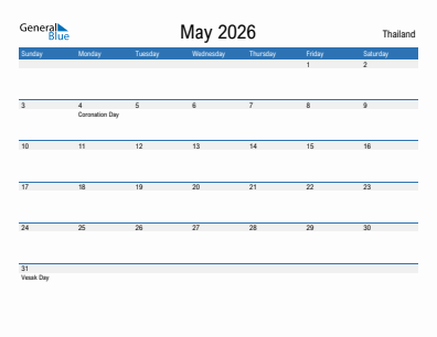 Current month calendar with Thailand holidays for May 2026