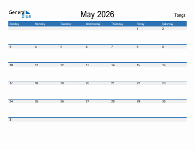 Current month calendar with Tonga holidays for May 2026