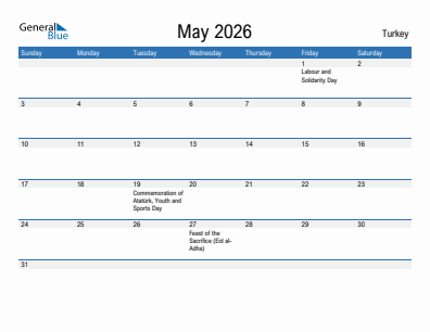 Current month calendar with Turkey holidays for May 2026