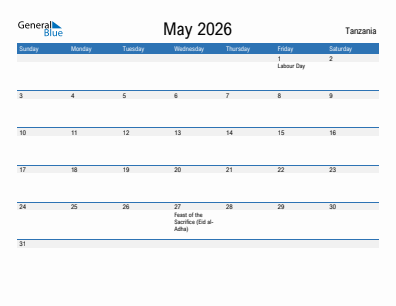 Current month calendar with Tanzania holidays for May 2026