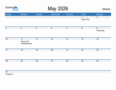 Current month calendar with Ukraine holidays for May 2026