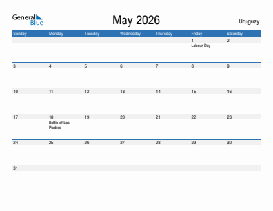 Current month calendar with Uruguay holidays for May 2026