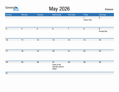 Current month calendar with Kosovo holidays for May 2026