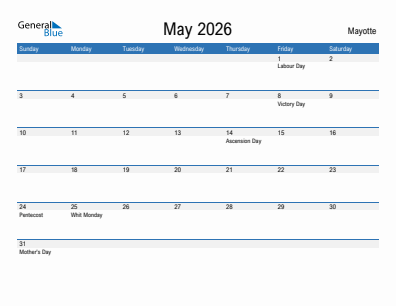 Current month calendar with Mayotte holidays for May 2026