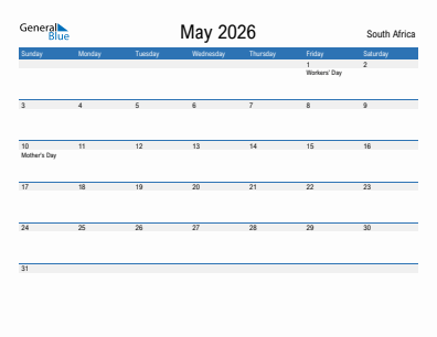 Current month calendar with South Africa holidays for May 2026